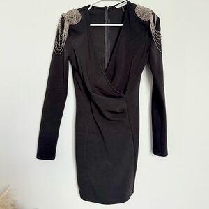 Xtaren Beaded Shoulder pad Mini Dress Long Sleeve Black and Silver